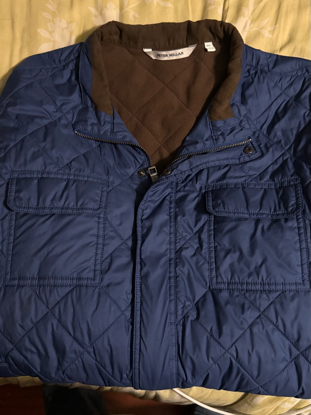 Peter Millar Quilted Blue Jacket with Brown Collar